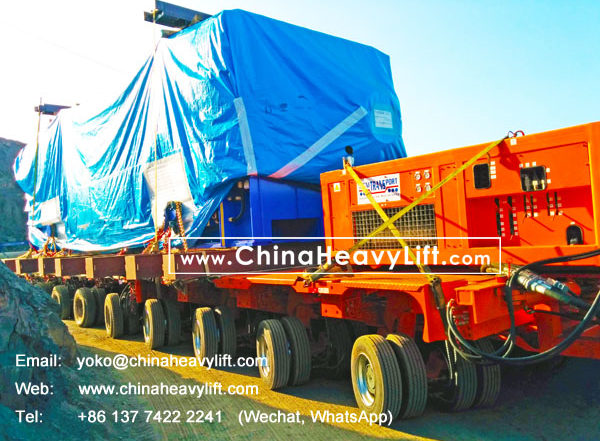 CHINA HEAVY LIFT manufacture 18 axle lines Self propelled modular trailer SPMT 3 file side by side transport 350 ton Turbine in Chile South America, www.chinaheavylift.com